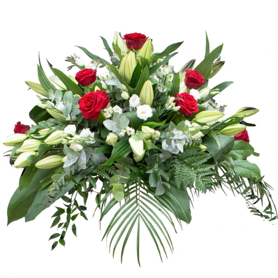Aranjament floral funerar trandafiri,crini si lisianthus